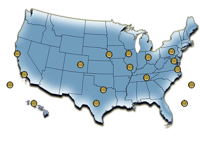 national map graphic with links to U.S. Air Force band websites