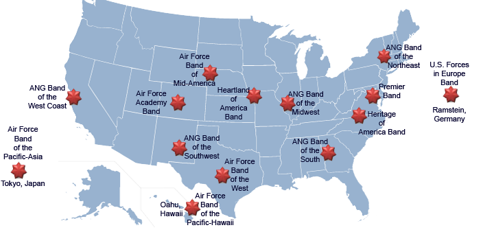 national map graphic with links to U.S. Air Force band websites